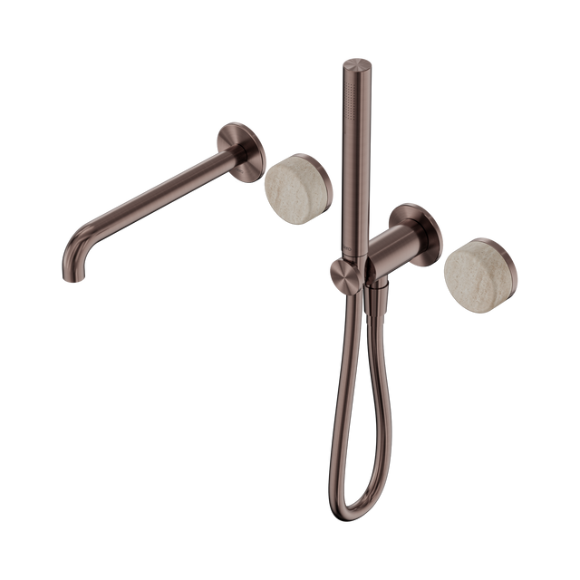 An image of Nero Tapware's Serenity Progressive Shower System With Spout With Rome Travertine Handle And Slim Shower Brushed Bronze