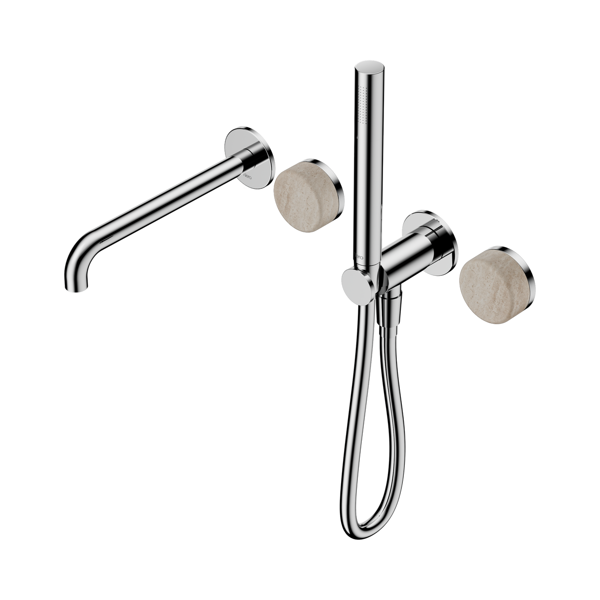 An image of Nero Tapware's Serenity Progressive Shower System With Spout With Rome Travertine Handle And Slim Shower Chrome