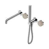 An image of Nero Tapware's Serenity Progressive Shower System With Spout With Rome Travertine Handle And Slim Shower Chrome