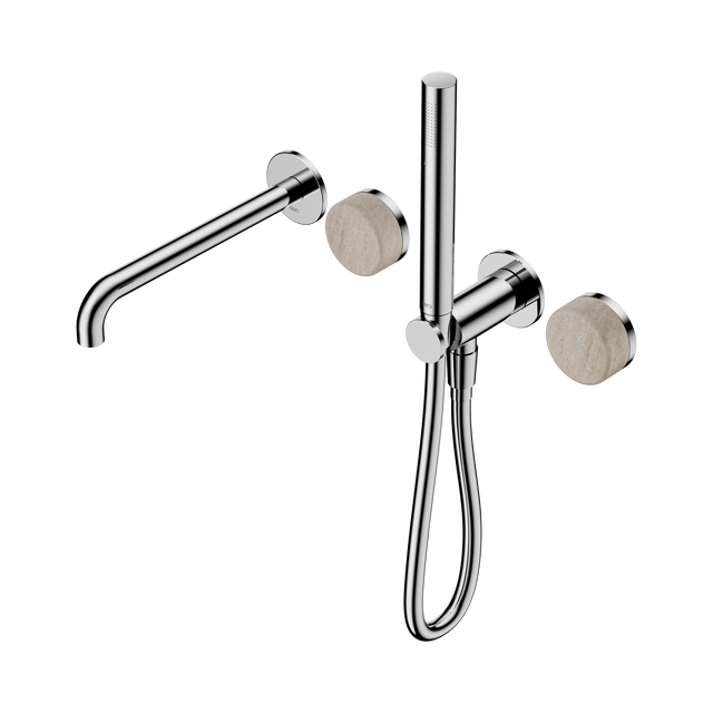 An image of Nero Tapware's Serenity Progressive Shower System With Spout With Rome Travertine Handle And Slim Shower Chrome
