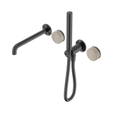 An image of Nero Tapware's Serenity Progressive Shower System With Spout With Rome Travertine Handle And Slim Shower Gun Metal