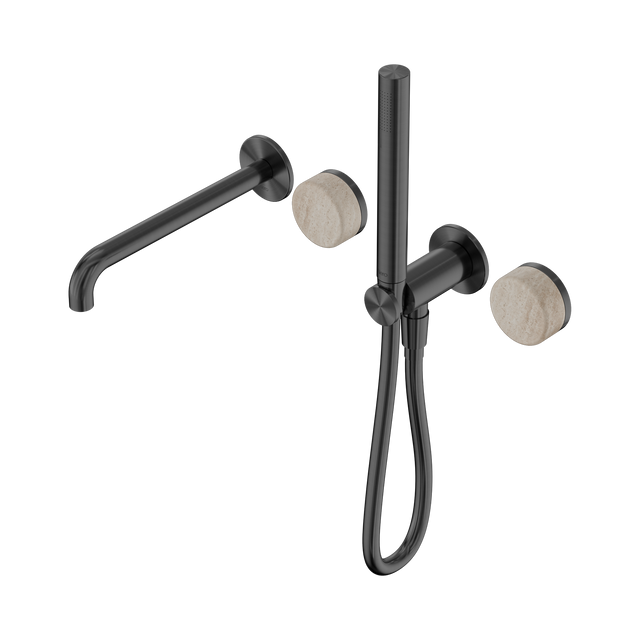 An image of Nero Tapware's Serenity Progressive Shower System With Spout With Rome Travertine Handle And Slim Shower Gun Metal
