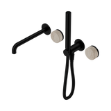An image of Nero Tapware's Serenity Progressive Shower System With Spout With Rome Travertine Handle And Slim Shower Matt Black