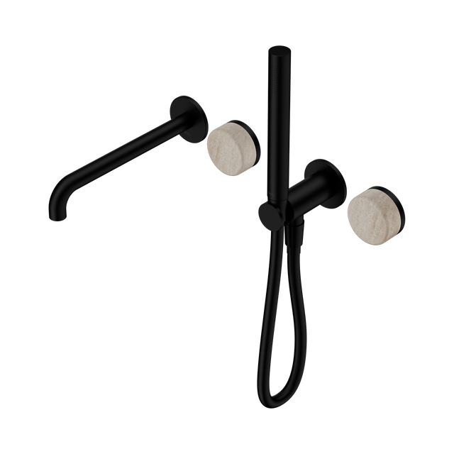 An image of Nero Tapware's Serenity Progressive Shower System With Spout With Rome Travertine Handle And Slim Shower Matt Black