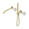 An image of Nero Tapware's Serenity Progressive Shower System With Spout With Arabescato Corchia Handle And Slim Shower Brushed Gold