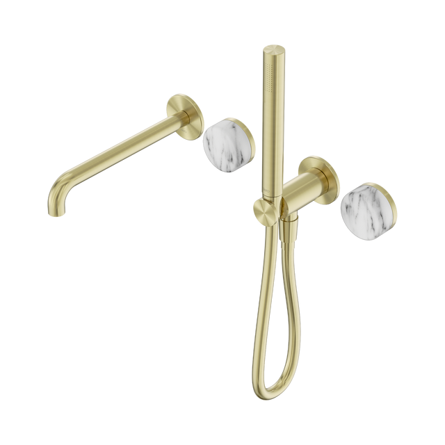 An image of Nero Tapware's Serenity Progressive Shower System With Spout With Arabescato Corchia Handle And Slim Shower Brushed Gold