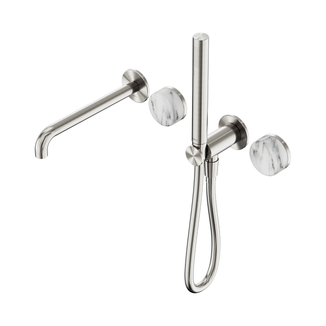 An image of Nero Tapware's Serenity Progressive Shower System With Spout With Arabescato Corchia Handle And Slim Shower Brushed Nickel