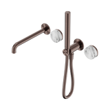 An image of Nero Tapware's Serenity Progressive Shower System With Spout With Arabescato Corchia Handle And Slim Shower Brushed Bronze