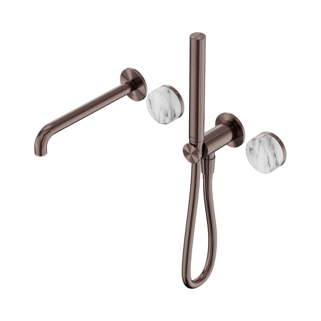 An image of Nero Tapware's Serenity Progressive Shower System With Spout With Arabescato Corchia Handle And Slim Shower Brushed Bronze