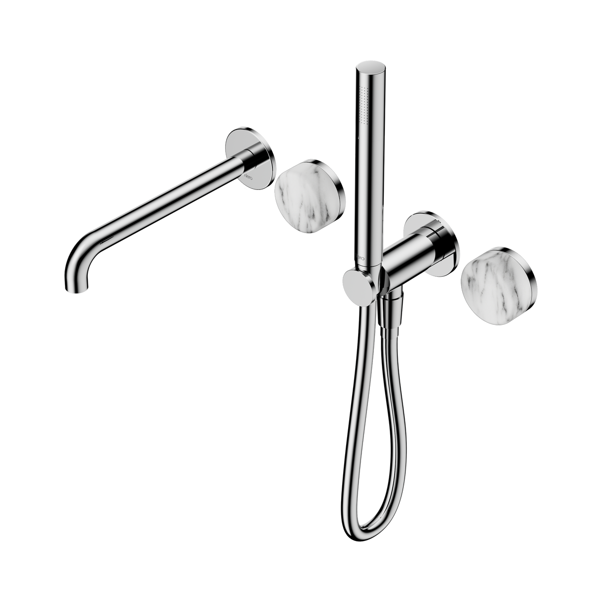 An image of Nero Tapware's Serenity Progressive Shower System With Spout With Arabescato Corchia Handle And Slim Shower Chrome