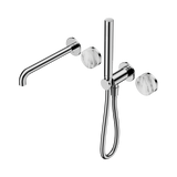 An image of Nero Tapware's Serenity Progressive Shower System With Spout With Arabescato Corchia Handle And Slim Shower Chrome