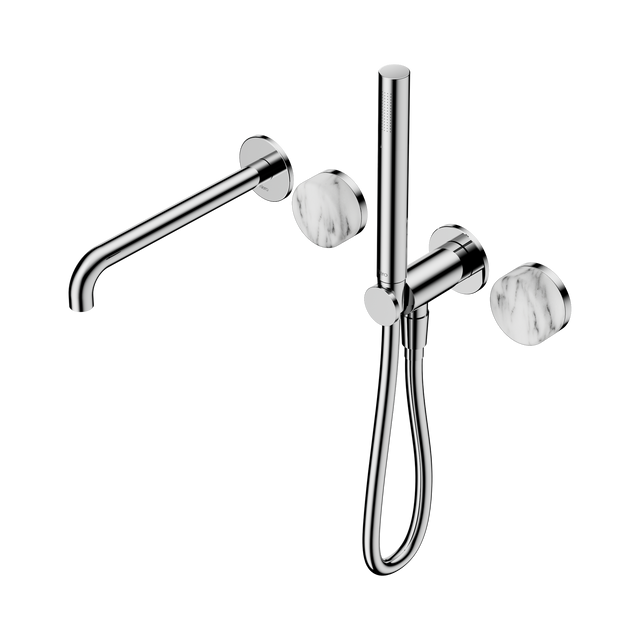 An image of Nero Tapware's Serenity Progressive Shower System With Spout With Arabescato Corchia Handle And Slim Shower Chrome