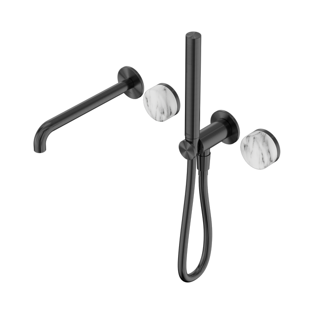 An image of Nero Tapware's Serenity Progressive Shower System With Spout With Arabescato Corchia Handle And Slim Shower Gun Metal