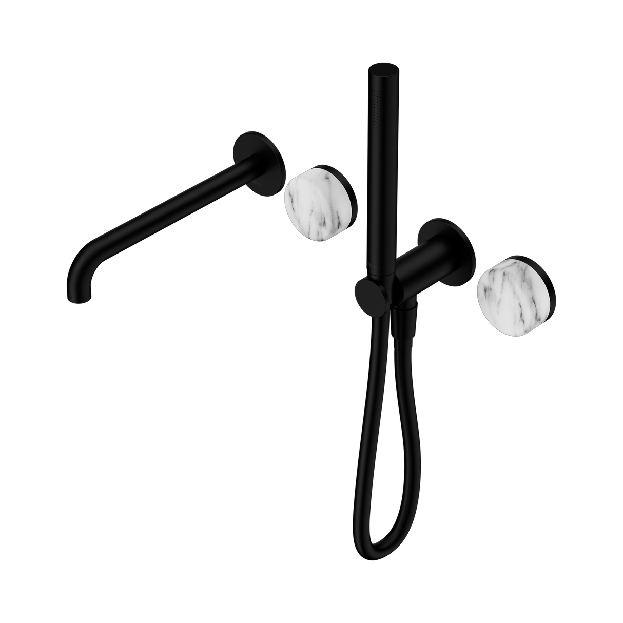 An image of Nero Tapware's Serenity Progressive Shower System With Spout With Arabescato Corchia Handle And Slim Shower Matt Black