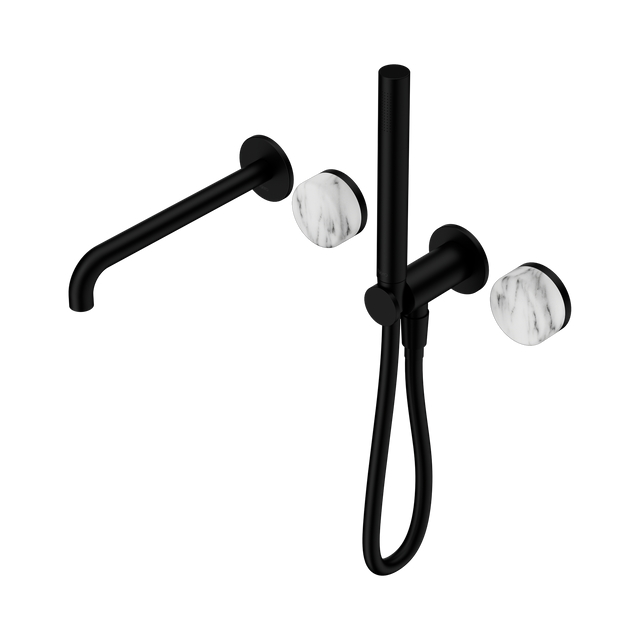 An image of Nero Tapware's Serenity Progressive Shower System With Spout With Arabescato Corchia Handle And Slim Shower Matt Black
