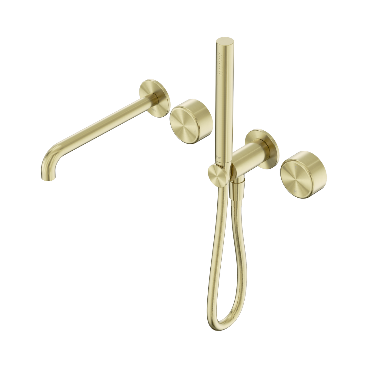An image of Nero Tapware's Serenity Progressive Shower System With Spout With Metal Handle And Slim Shower Brushed Gold