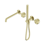 An image of Nero Tapware's Serenity Progressive Shower System With Spout With Metal Handle And Slim Shower Brushed Gold
