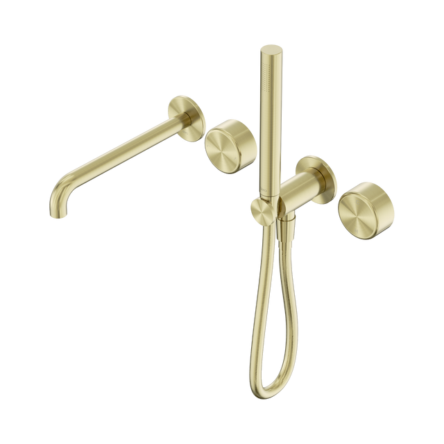 An image of Nero Tapware's Serenity Progressive Shower System With Spout With Metal Handle And Slim Shower Brushed Gold