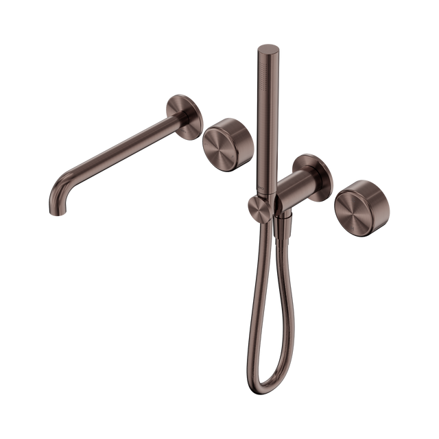 An image of Nero Tapware's Serenity Progressive Shower System With Spout With Metal Handle And Slim Shower Brushed Bronze