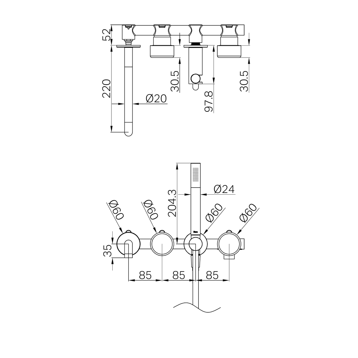 A line drawing of Nero Tapware's Serenity Progressive Shower System With Spout With Metal Handle And Slim Shower Gun Metal