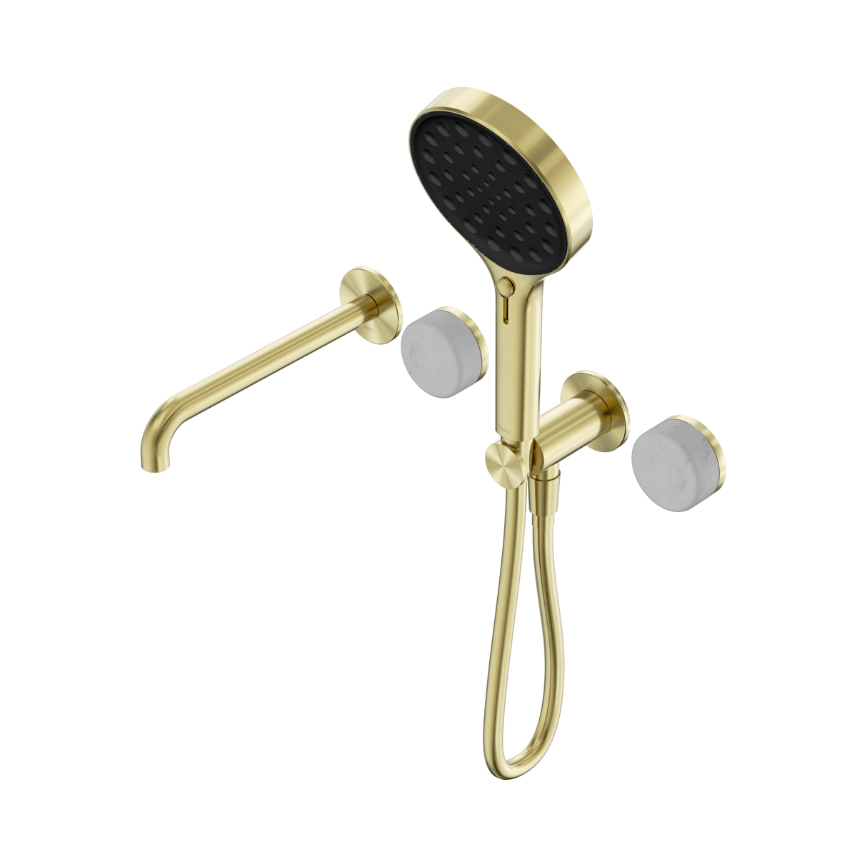 An image of Nero Tapware's Serenity Progressive Shower System With Spout With Carrara Handle And Serenity Hand Shower Brushed Gold