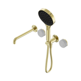 An image of Nero Tapware's Serenity Progressive Shower System With Spout With Carrara Handle And Serenity Hand Shower Brushed Gold
