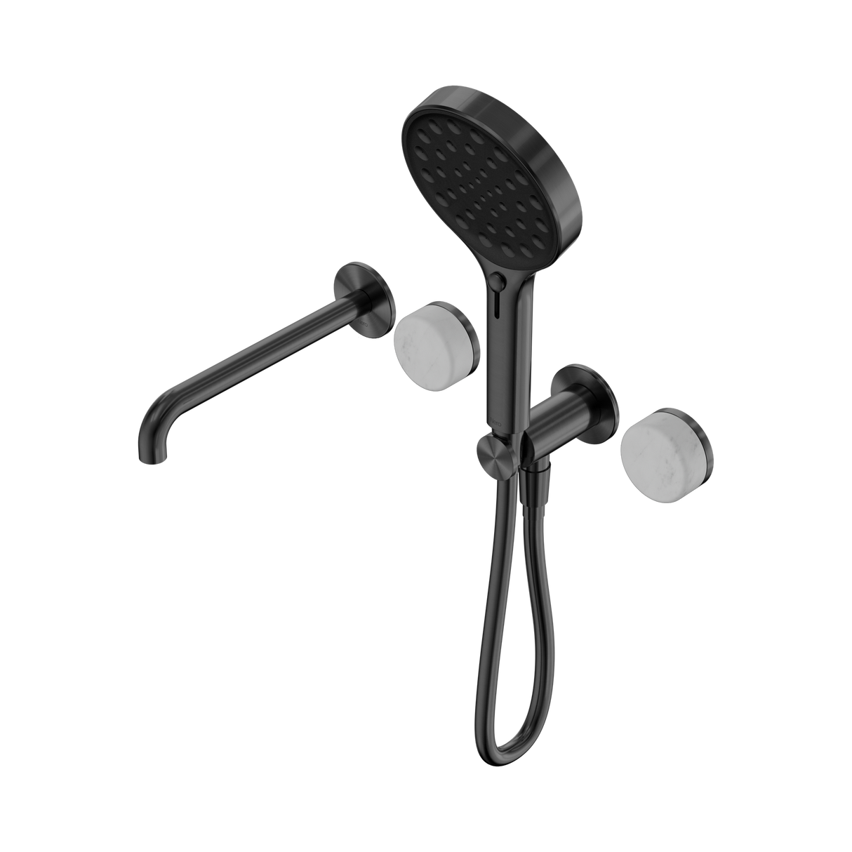 An image of Nero Tapware's Serenity Progressive Shower System With Spout With Carrara Handle And Serenity Hand Shower Gun Metal