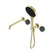 An image of Nero Tapware's Serenity Progressive Shower System With Spout With Verde Alpi Handle And Serenity Hand Shower Brushed Gold