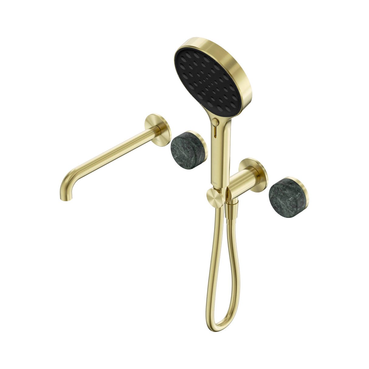 An image of Nero Tapware's Serenity Progressive Shower System With Spout With Verde Alpi Handle And Serenity Hand Shower Brushed Gold