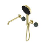 An image of Nero Tapware's Serenity Progressive Shower System With Spout With Verde Alpi Handle And Serenity Hand Shower Brushed Gold