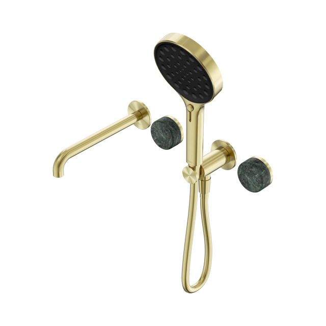 An image of Nero Tapware's Serenity Progressive Shower System With Spout With Verde Alpi Handle And Serenity Hand Shower Brushed Gold
