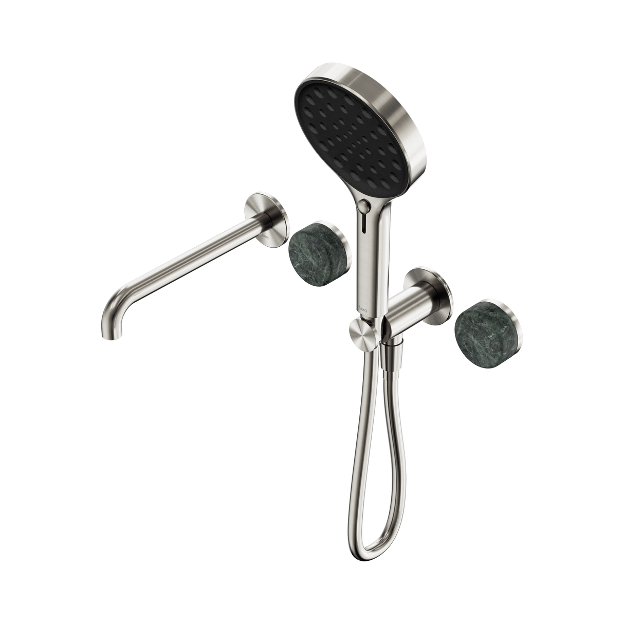 An image of Nero Tapware's Serenity Progressive Shower System With Spout With Verde Alpi Handle And Serenity Hand Shower Brushed Nickel