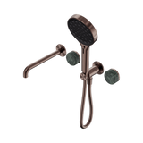 An image of Nero Tapware's Serenity Progressive Shower System With Spout With Verde Alpi Handle And Serenity Hand Shower Brushed Bronze