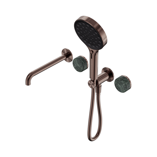 An image of Nero Tapware's Serenity Progressive Shower System With Spout With Verde Alpi Handle And Serenity Hand Shower Brushed Bronze