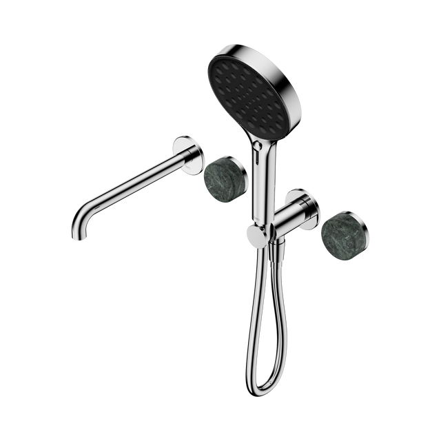 An image of Nero Tapware's Serenity Progressive Shower System With Spout With Verde Alpi Handle And Serenity Hand Shower Chrome