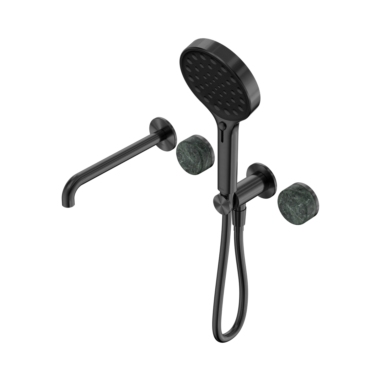 An image of Nero Tapware's Serenity Progressive Shower System With Spout With Verde Alpi Handle And Serenity Hand Shower Gun Metal