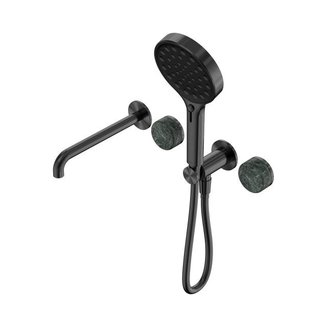 An image of Nero Tapware's Serenity Progressive Shower System With Spout With Verde Alpi Handle And Serenity Hand Shower Gun Metal