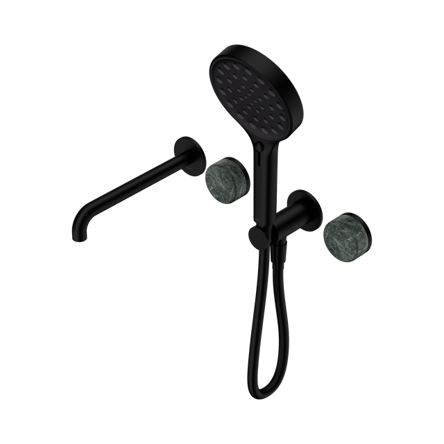 An image of Nero Tapware's Serenity Progressive Shower System With Spout With Verde Alpi Handle And Serenity Hand Shower Matt Black