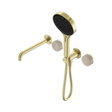 An image of Nero Tapware's Serenity Progressive Shower System With Spout With Rome Travertine Handle And Serenity Hand Shower Brushed Gold
