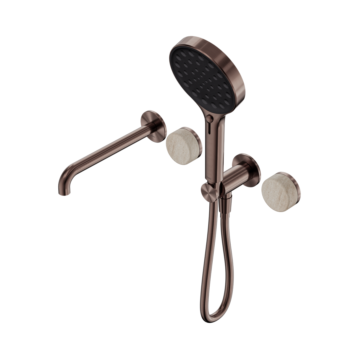 An image of Nero Tapware's Serenity Progressive Shower System With Spout With Rome Travertine Handle And Serenity Hand Shower Brushed Bronze