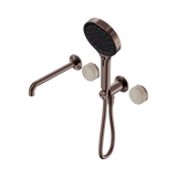 An image of Nero Tapware's Serenity Progressive Shower System With Spout With Rome Travertine Handle And Serenity Hand Shower Brushed Bronze