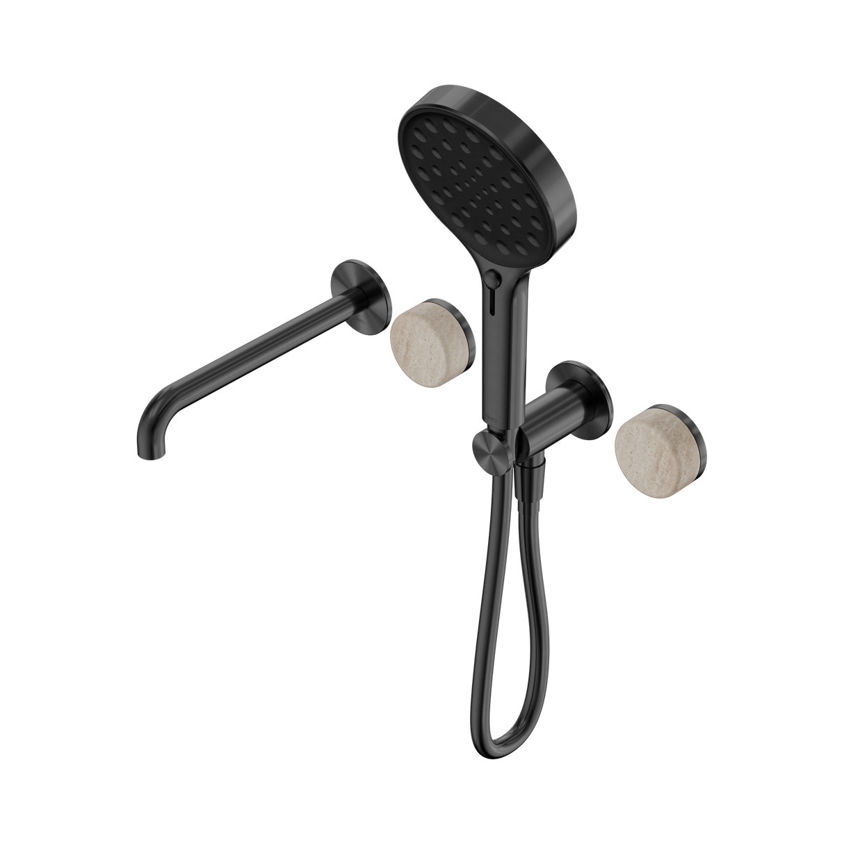 An image of Nero Tapware's Serenity Progressive Shower System With Spout With Rome Travertine Handle And Serenity Hand Shower Gun Metal