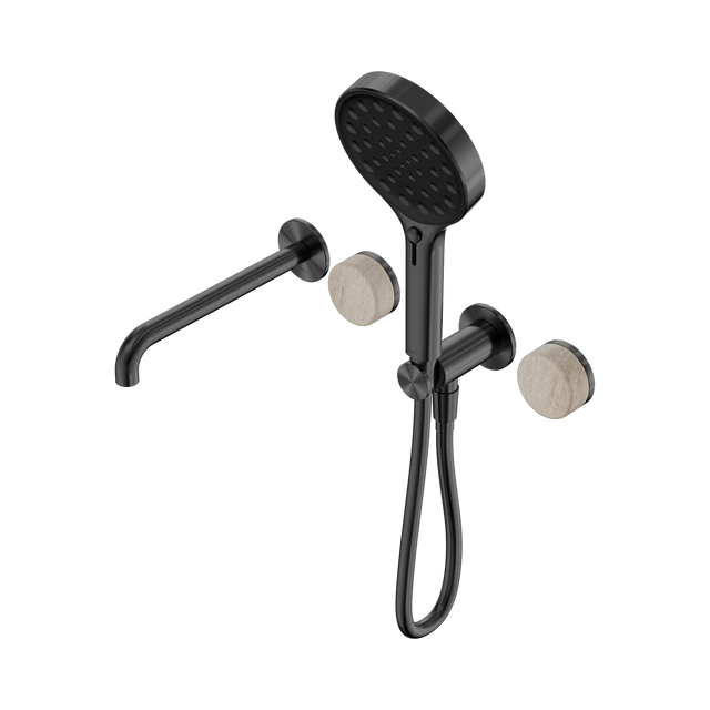 An image of Nero Tapware's Serenity Progressive Shower System With Spout With Rome Travertine Handle And Serenity Hand Shower Gun Metal