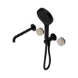 An image of Nero Tapware's Serenity Progressive Shower System With Spout With Rome Travertine Handle And Serenity Hand Shower Matt Black