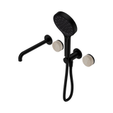 An image of Nero Tapware's Serenity Progressive Shower System With Spout With Rome Travertine Handle And Serenity Hand Shower Matt Black