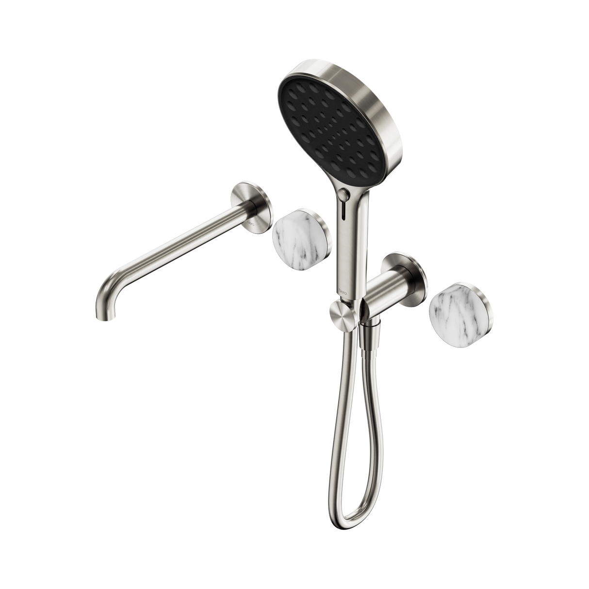 An image of Nero Tapware's Serenity Progressive Shower System With Spout With Arabescato Corchia Handle And Serenity Hand Shower Brushed Nickel