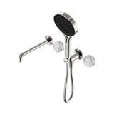 An image of Nero Tapware's Serenity Progressive Shower System With Spout With Arabescato Corchia Handle And Serenity Hand Shower Brushed Nickel