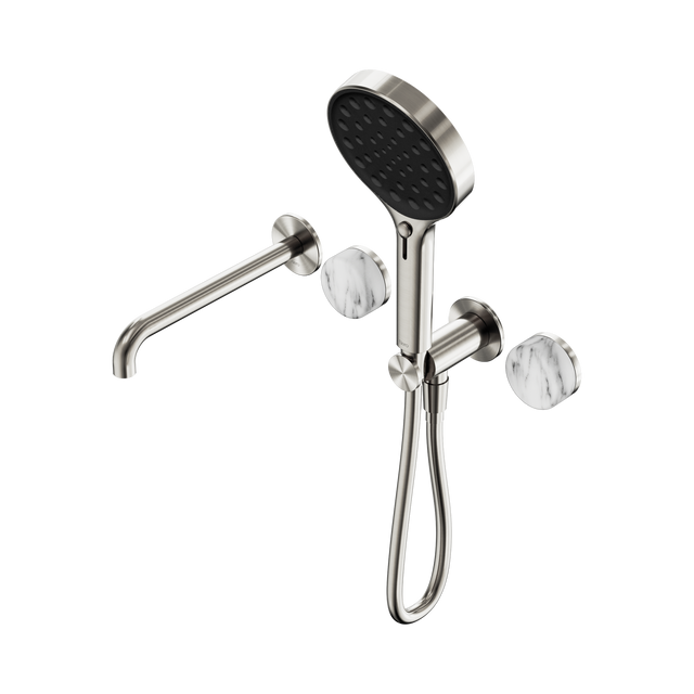 An image of Nero Tapware's Serenity Progressive Shower System With Spout With Arabescato Corchia Handle And Serenity Hand Shower Brushed Nickel