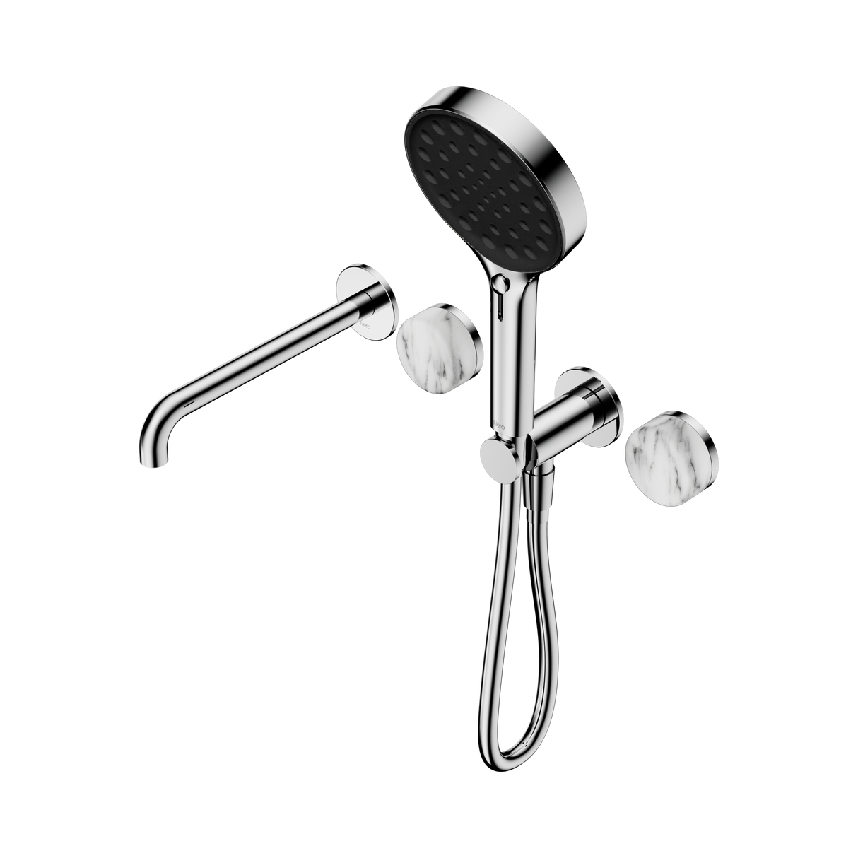 An image of Nero Tapware's Serenity Progressive Shower System With Spout With Arabescato Corchia Handle And Serenity Hand Shower Chrome