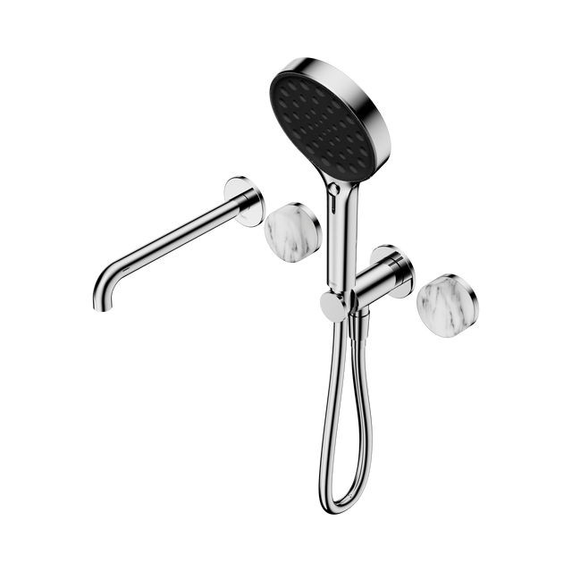 An image of Nero Tapware's Serenity Progressive Shower System With Spout With Arabescato Corchia Handle And Serenity Hand Shower Chrome